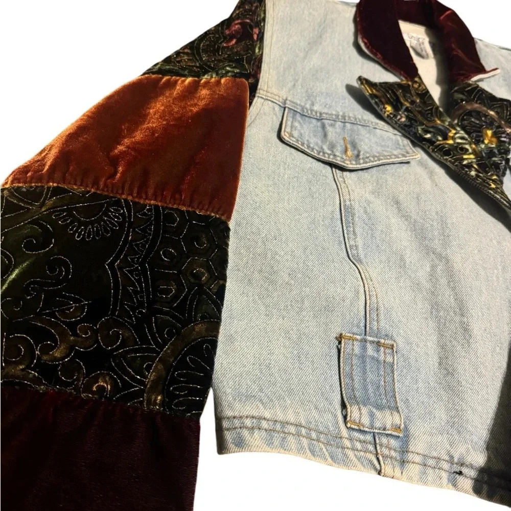 Vintage Basic Blues Patchwork Denim Jacket Velvet… - image 2